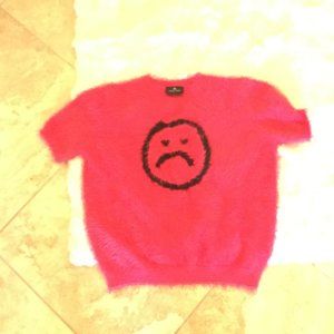 Lazy Oaf Pink Fuzzy Sweater with Black Sad Face